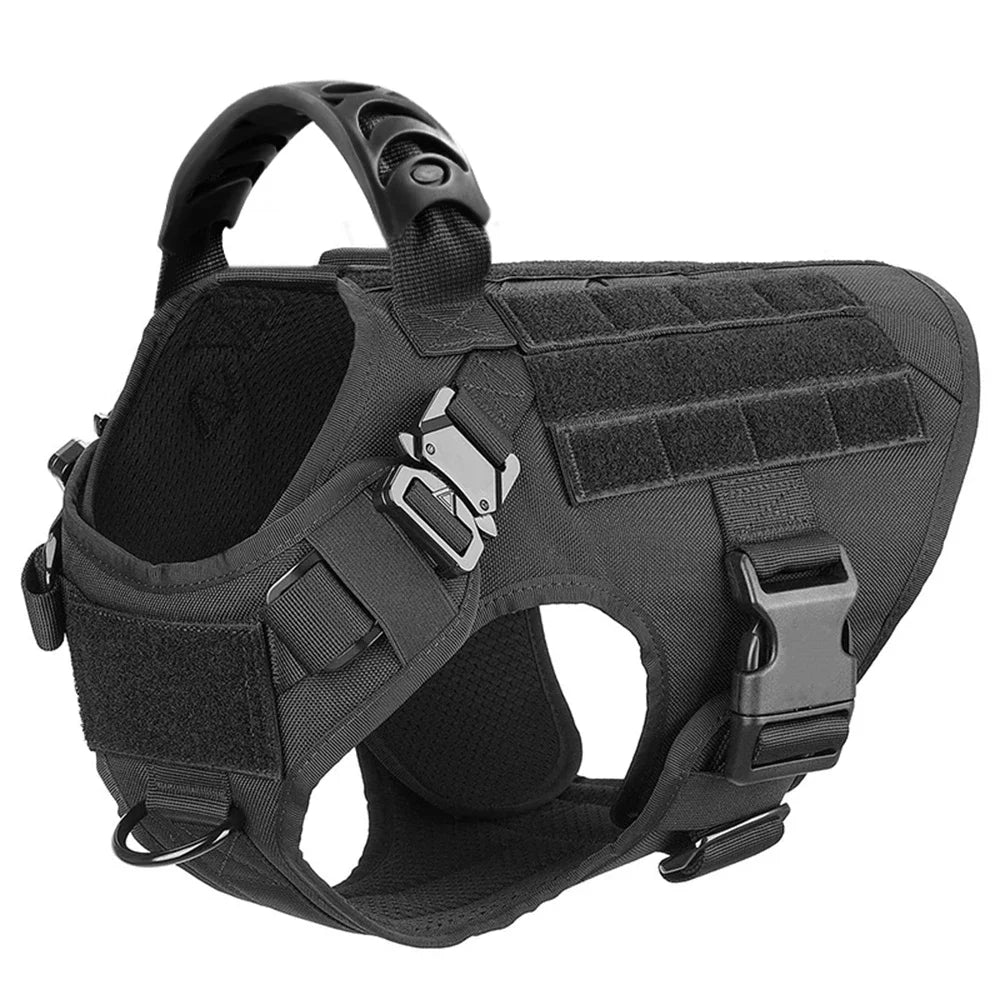 Black dog training vest harness with padded chest panels and front metal buckle