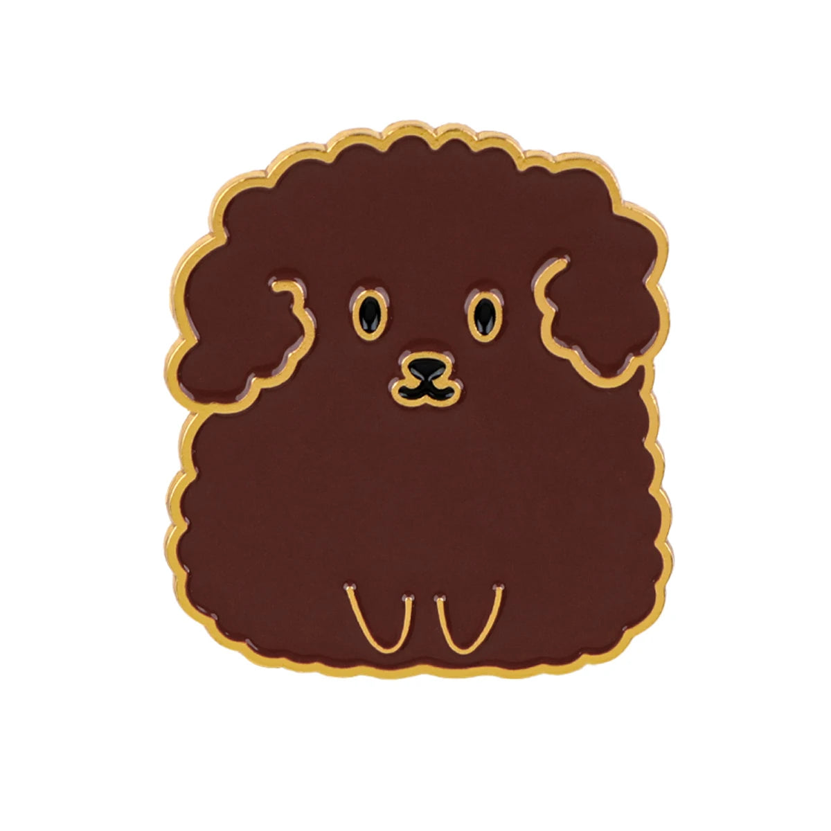 Brown dog enamel pin with curly fur, round eyes, and V-shaped smile