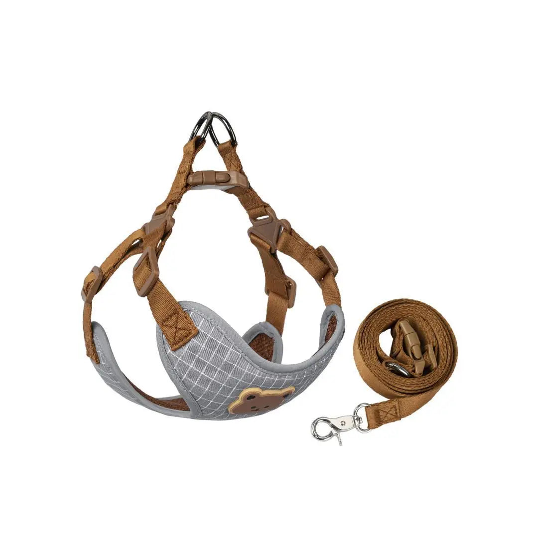 Dog harness and leash set, brown harness with light gray grid vest and leash strap