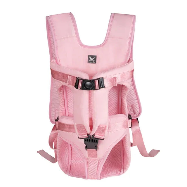 Pet front backpack carrier, pink, with padded chest harness and front ventilation panels