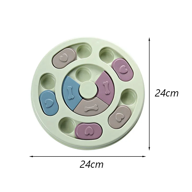 Green round cat scratching toy with pastel paw and bone tokens around a center