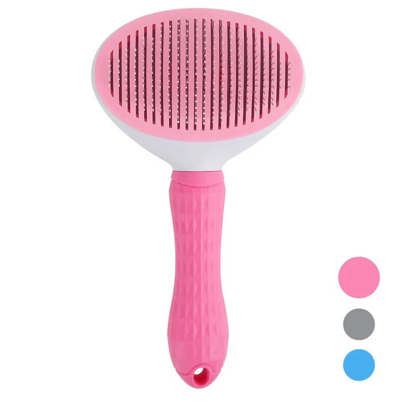 Pet grooming hair remover brush with pink oval head and metal pins