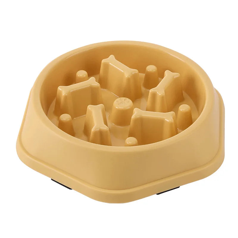 Beige slow feeder pet bowl with raised maze inserts and small rounded pegs