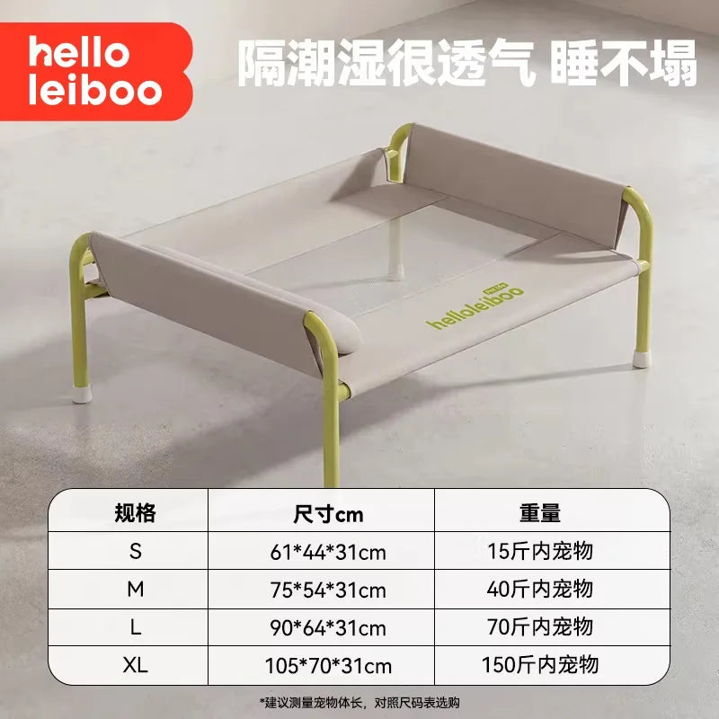 Raised dog sofa bed in grey with light green frame, elevated for airflow