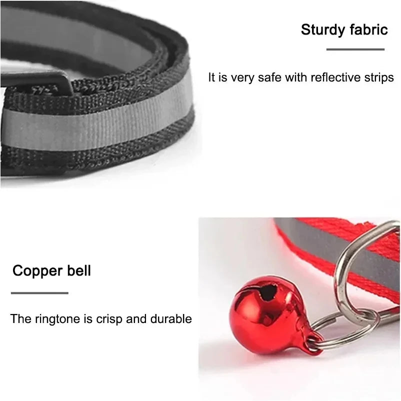 Cat collar with reflective striping and copper bell charm, on red strap