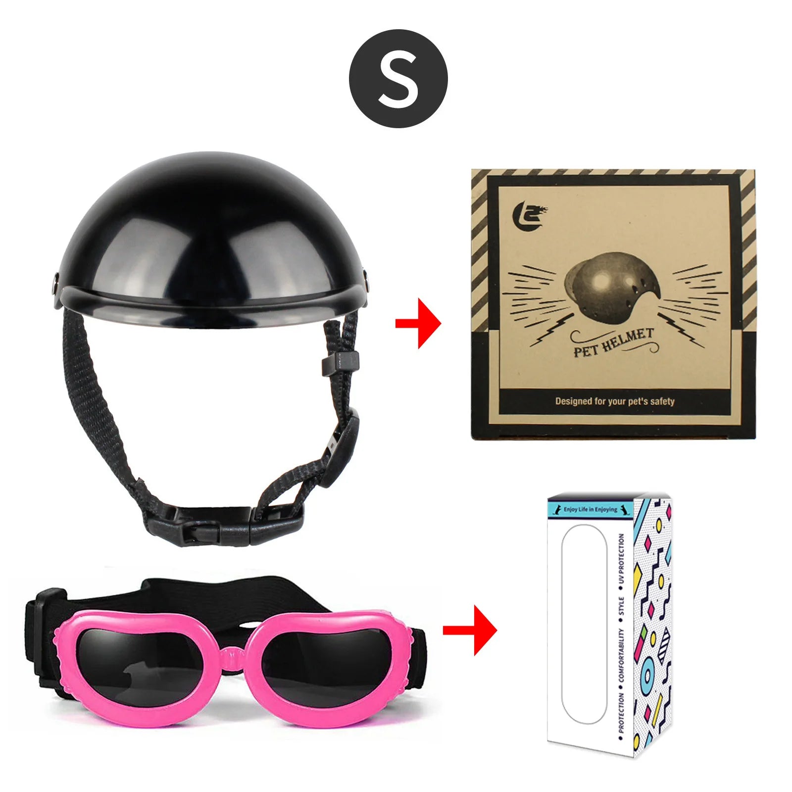 Small pet motorcycle helmet goggles set, black helmet with pink sunglasses
