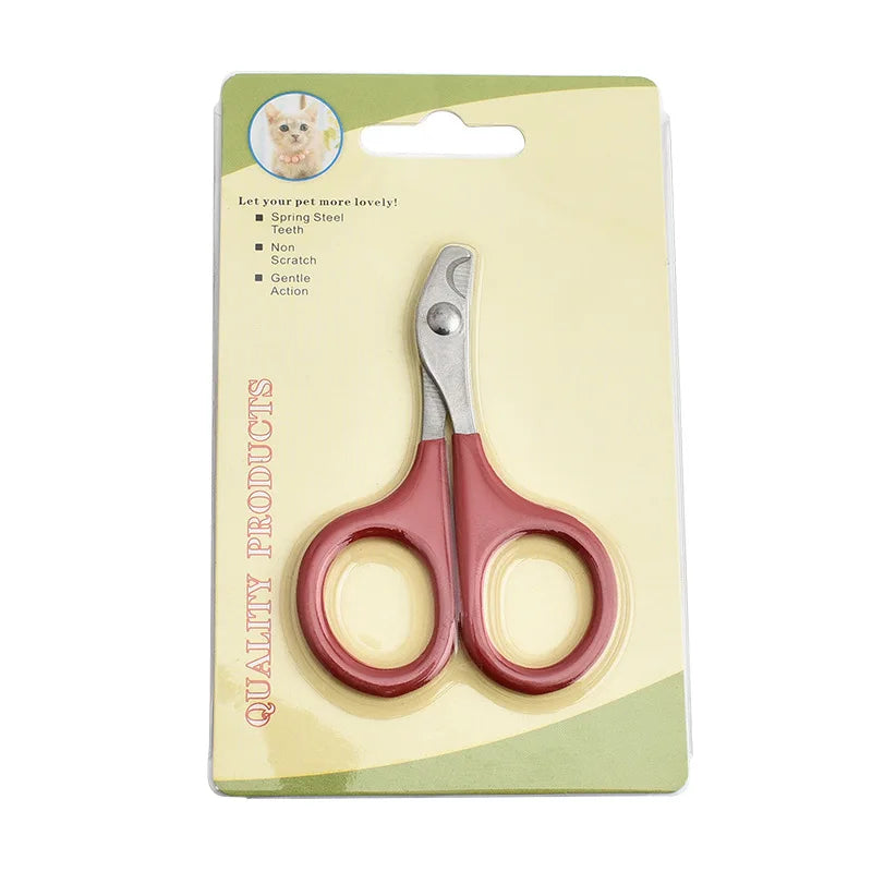 Pet nail clipper scissors in retail package with burgundy red handles and silver blades