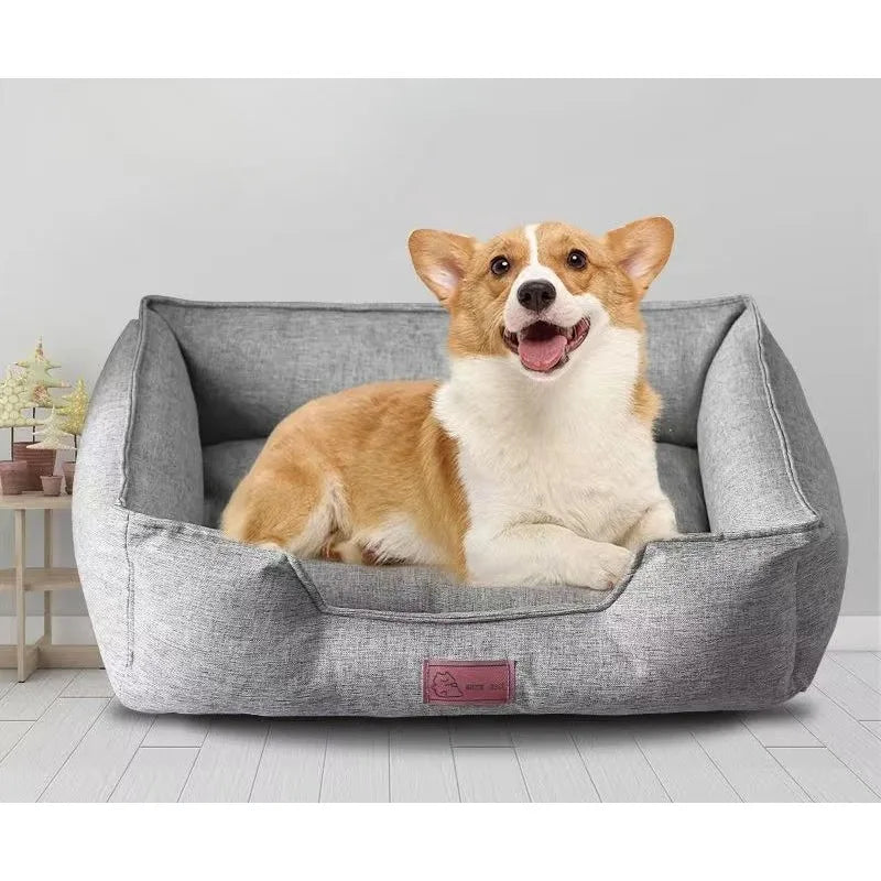 Grey washable dog and cat bed with a dog resting in the center cushion
