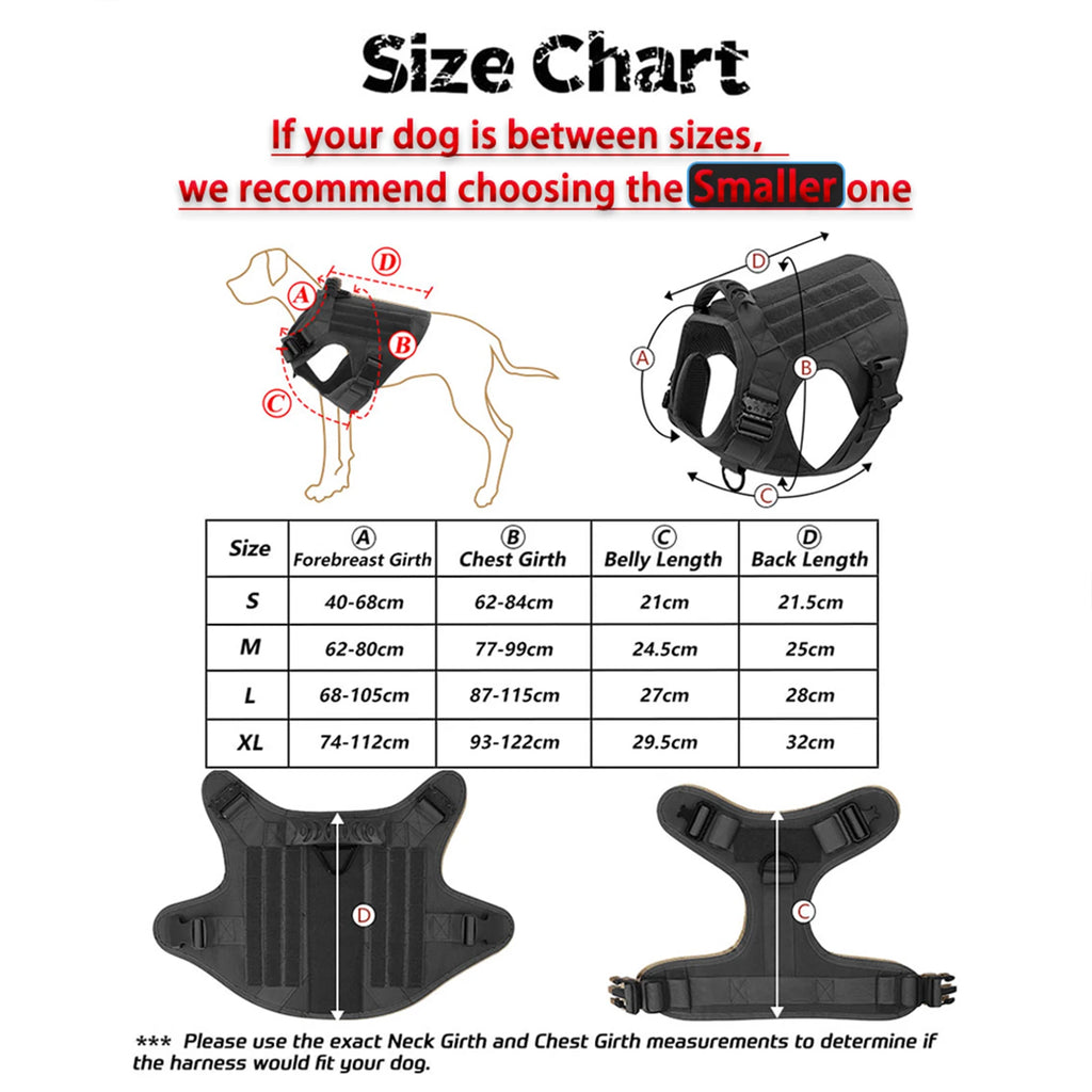 Size chart graphic for black dog harness with front and back measurement views
