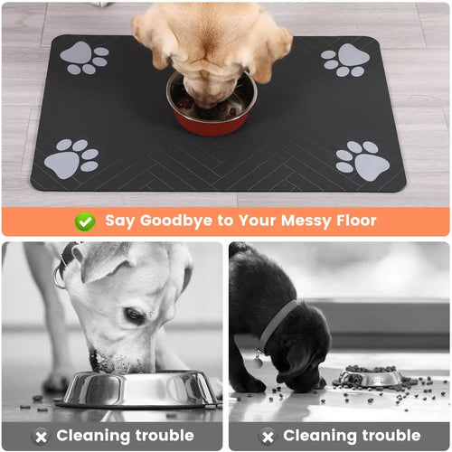 Waterproof pet placemat with paw print design, black, for food bowls