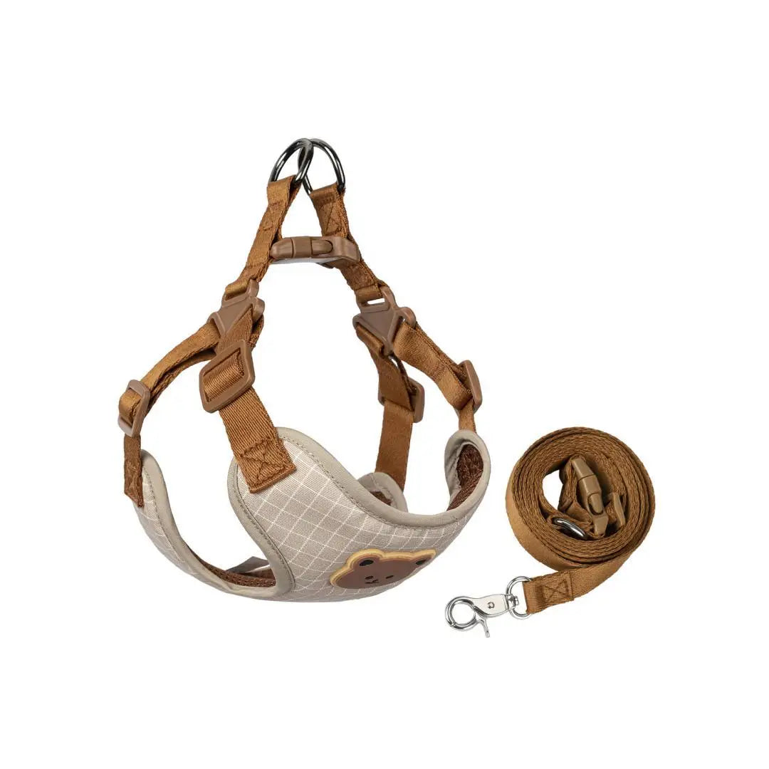 Breathable dog harness and leash set with gray plaid-pattern vest and matching leash