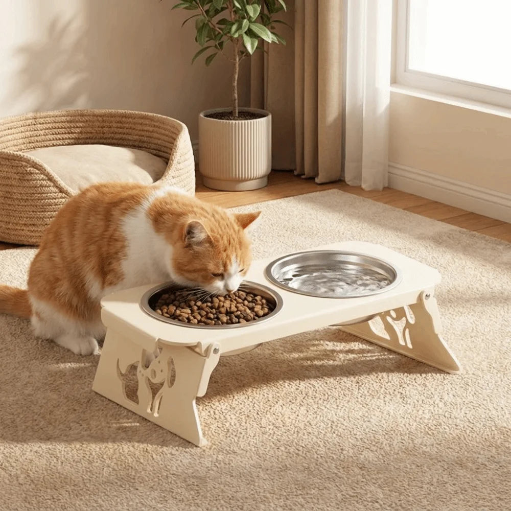 Foldable Raised Double Dog Bowl Elevated Anti-Flip Feeder