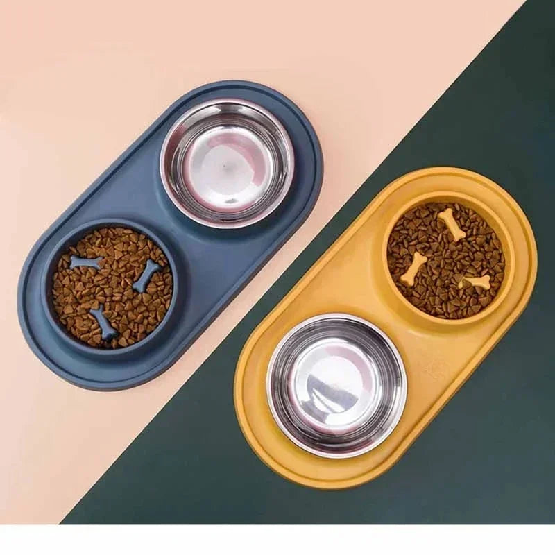 Stainless Steel Dog Double Bowl with Anti-Choking Silicone Mat
