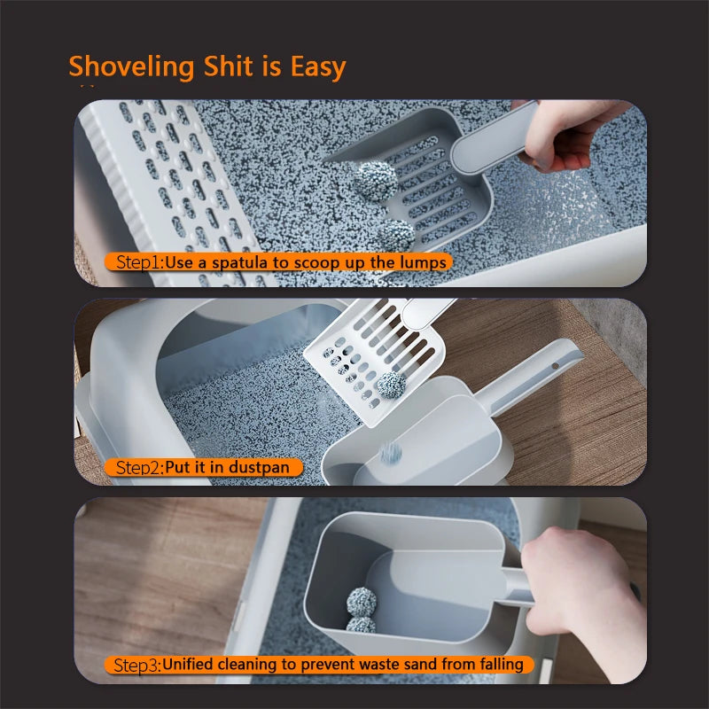 Light gray cat litter scoop with perforated shovel above litter, on matching base