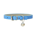 Blue faux leather cat collar with adjustable buckle and bell charm