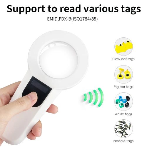 Handheld white microchip reader scanner showing tag types: ear, pig, ankle, needle
