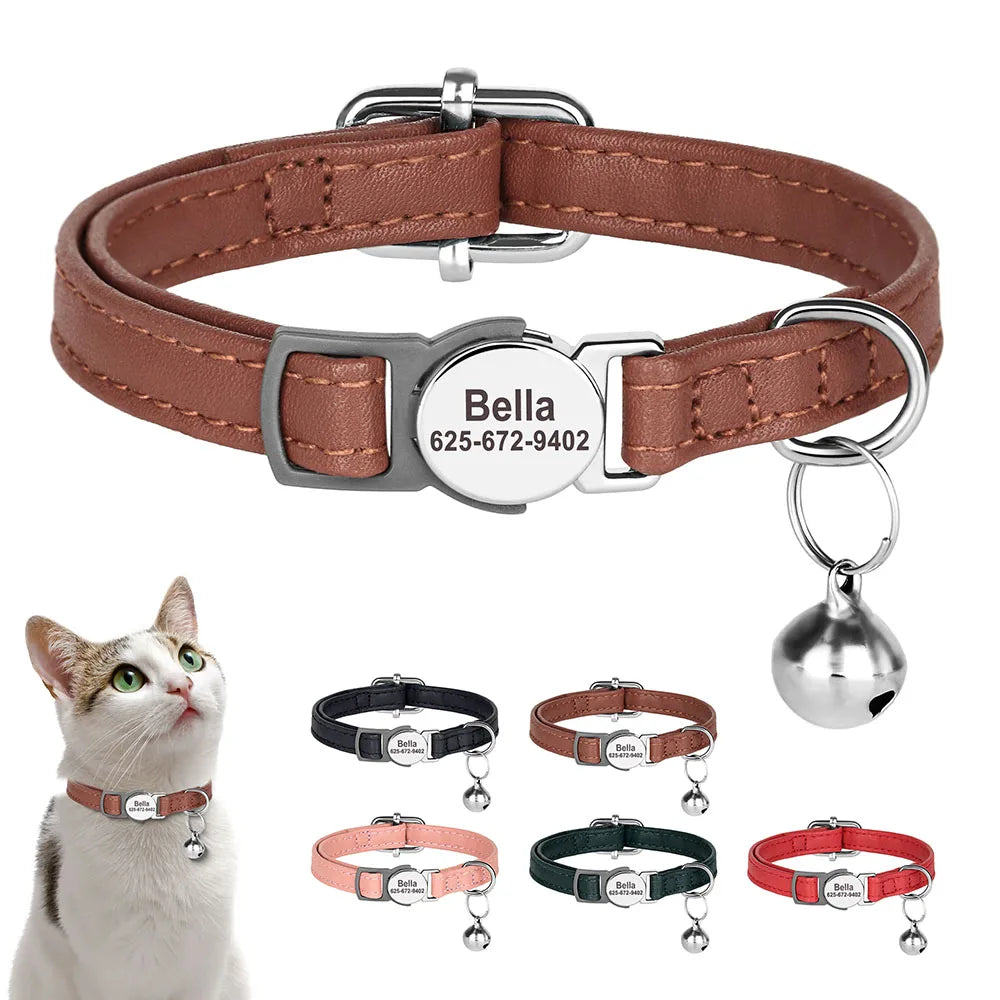 Brown PU leather cat collar with engraved ID tag, metal buckle, and hanging bell