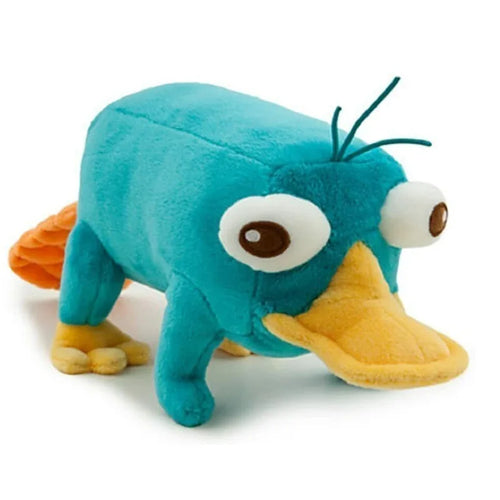 Turquoise plush platypus stuffed animal with yellow belly and orange webbed feet