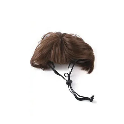 Brown wig headdress with bangs and two black chin tie cords