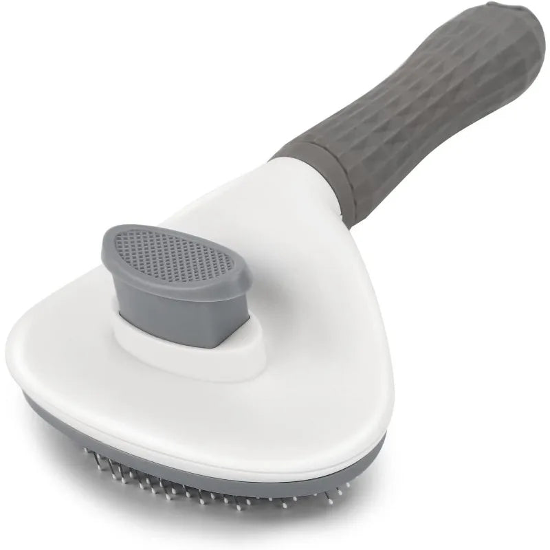 Self-cleaning pet hair remover brush with gray handle and dark gray cleaning pad