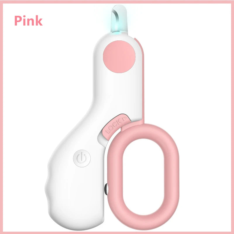 Pink and white mini LED pet nail clipper with safety lock loop handle