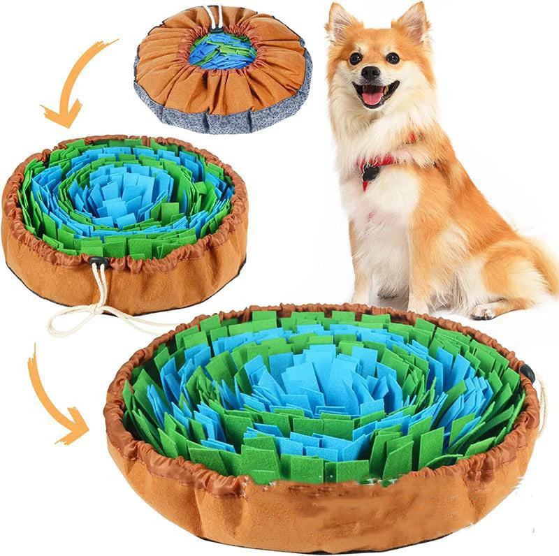 Pet snuffle mat for dogs and cats, round brown fabric bowl with blue and green foraging strips.