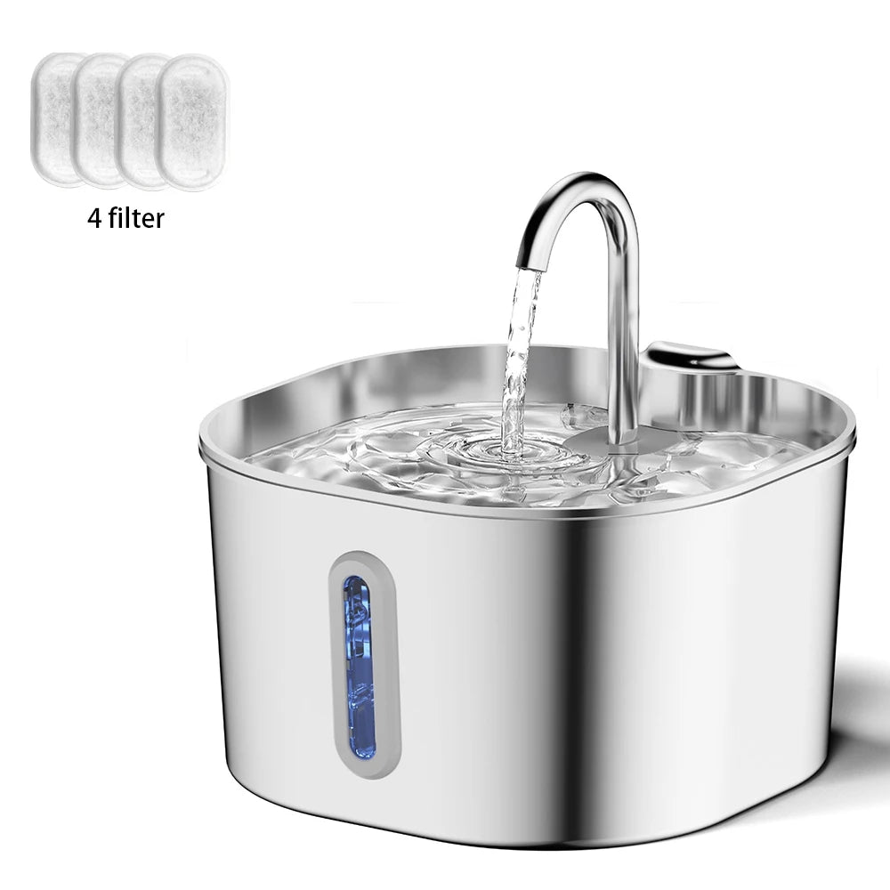Stainless steel cat water fountain with running water and blue indicator, with 4 filters shown