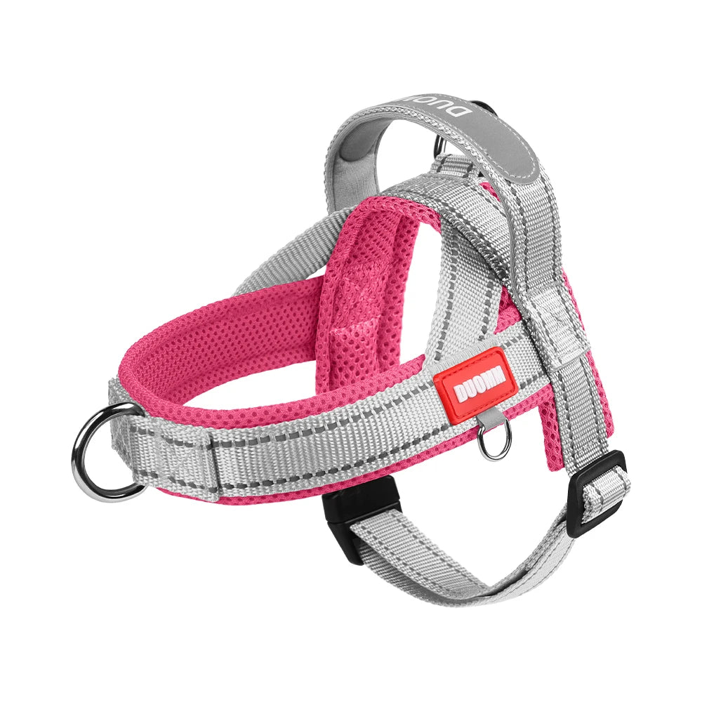 Gray and pink saddle-type dog chest harness strap with red accent and metal rings