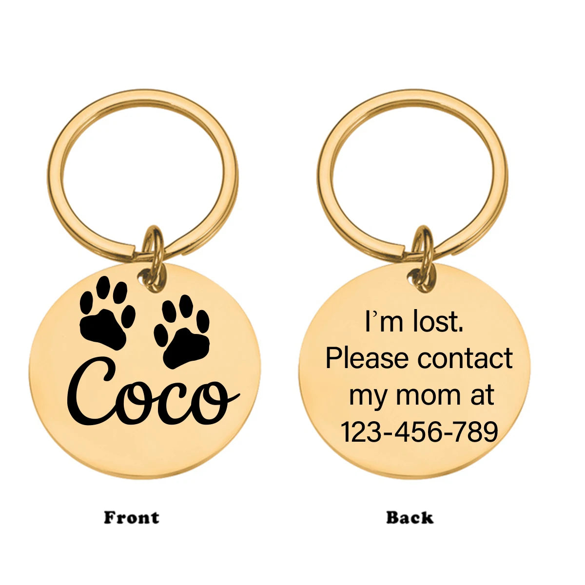 Pair of gold pet ID tags: front shows paw print and Coco, back shows lost contact info
