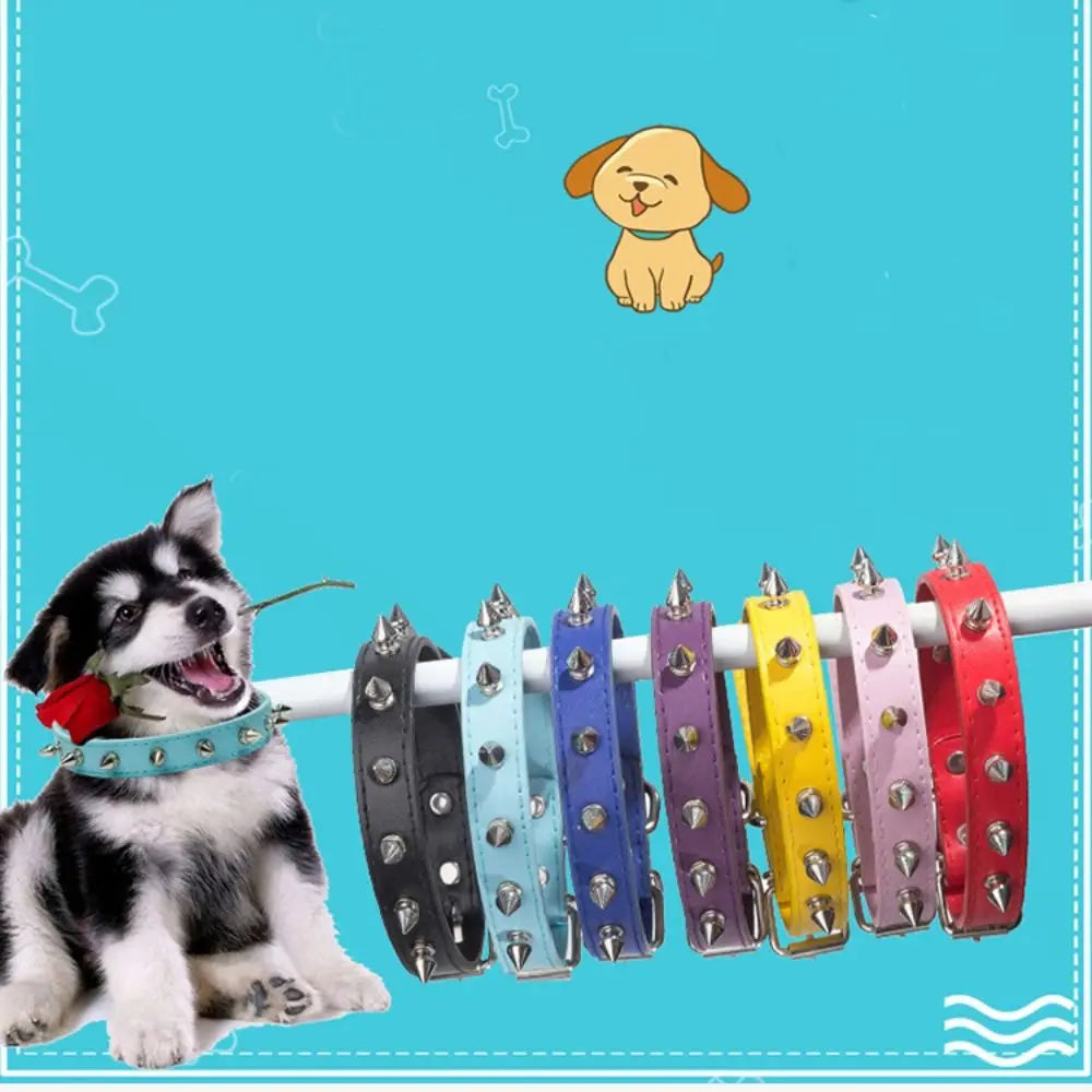 Leather Cat Dog Collar Spiked Studded Adjustable Colorful Pet