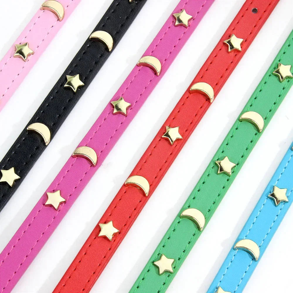 Soft Leather Cat Collar Star Moon Rivets Kitten Puppy XS-M