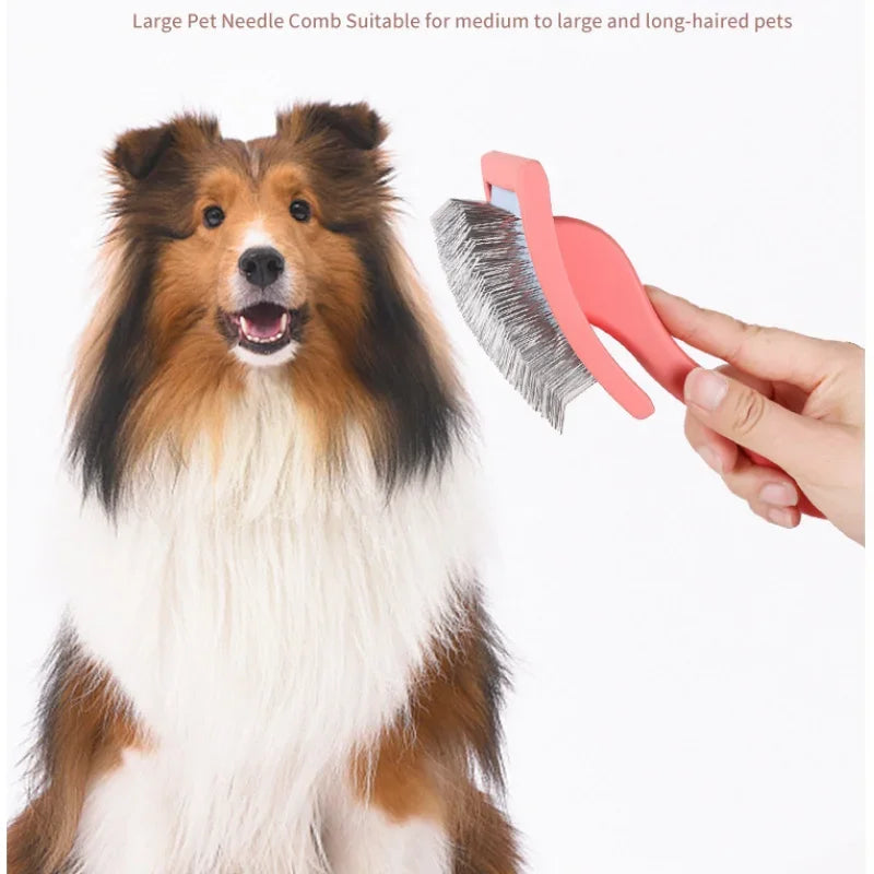 Red double-sided pet grooming brush with silver metal deshedding and dematting pins