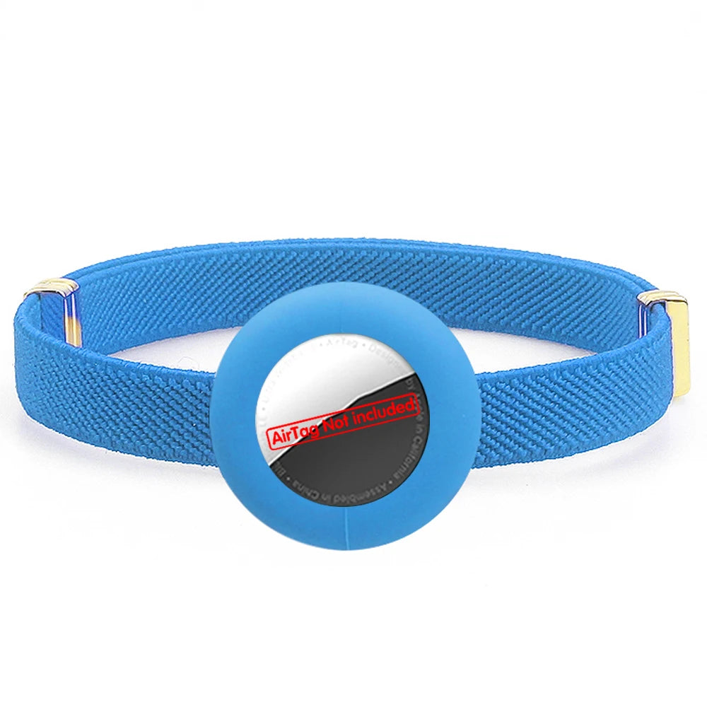 Blue safety breakaway cat collar with round blue AirTag holder