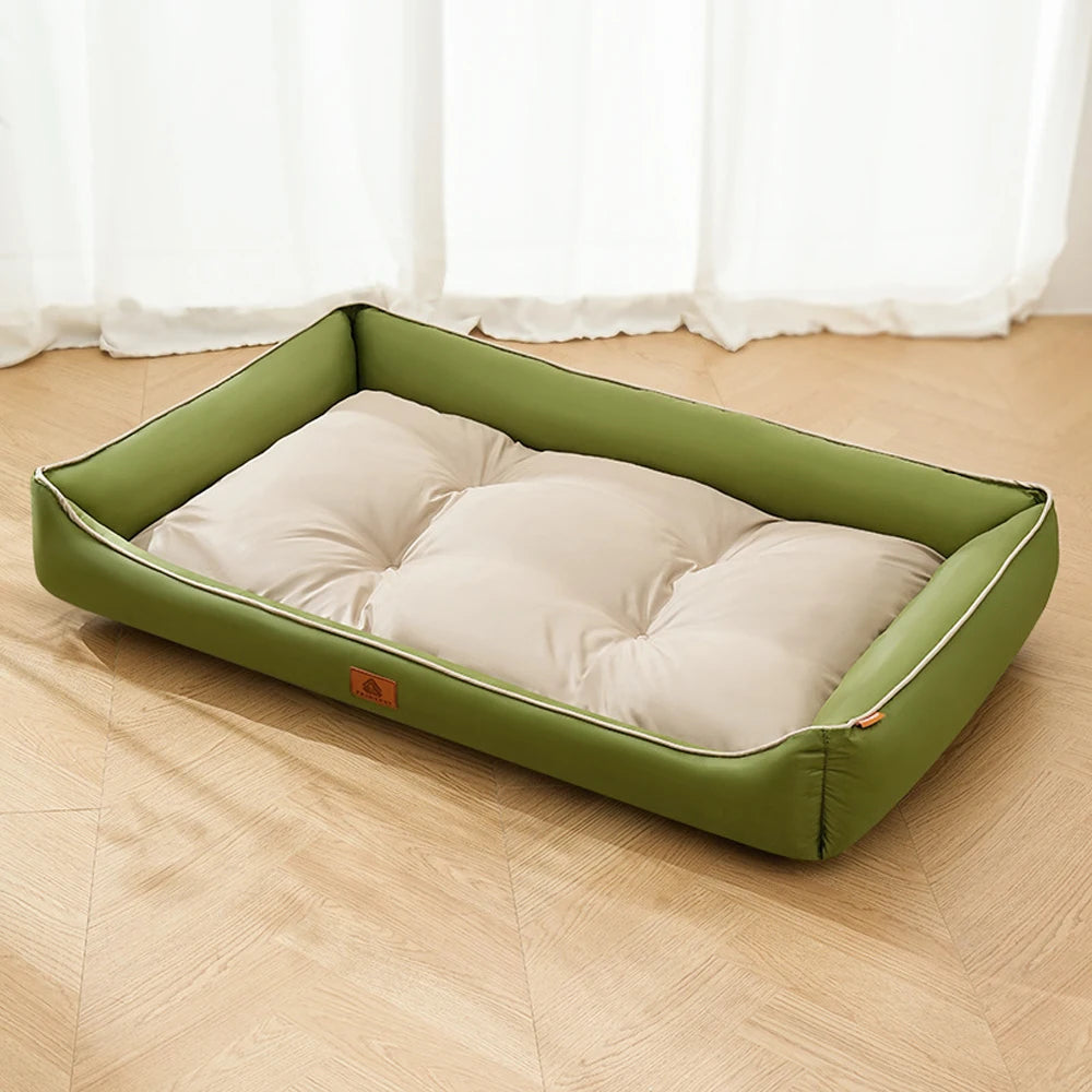 Large plush sofa bed for pets, olive green frame with beige inner cushion and piping