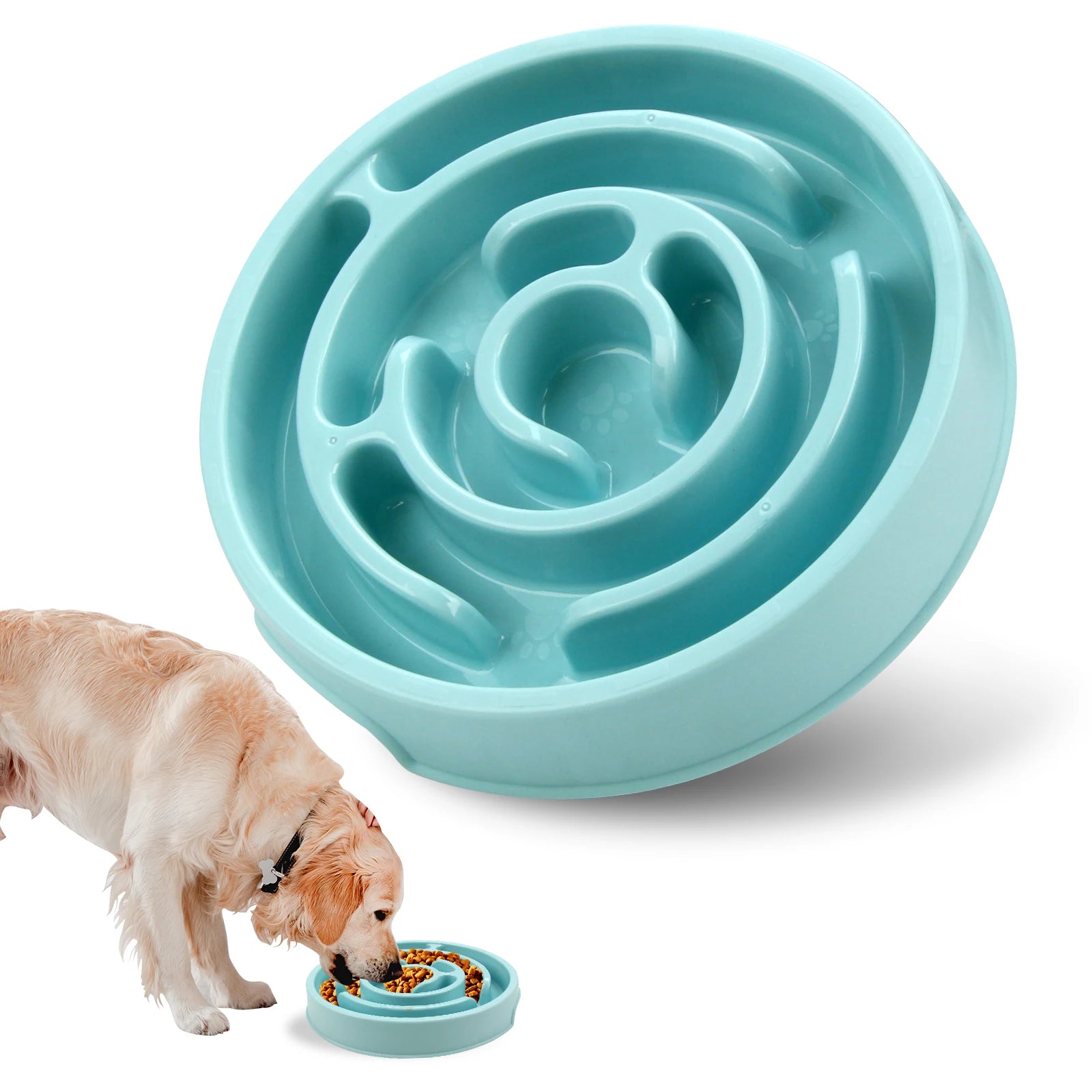 Eco non-slip slow feeder dog bowl, teal maze insert with raised channels