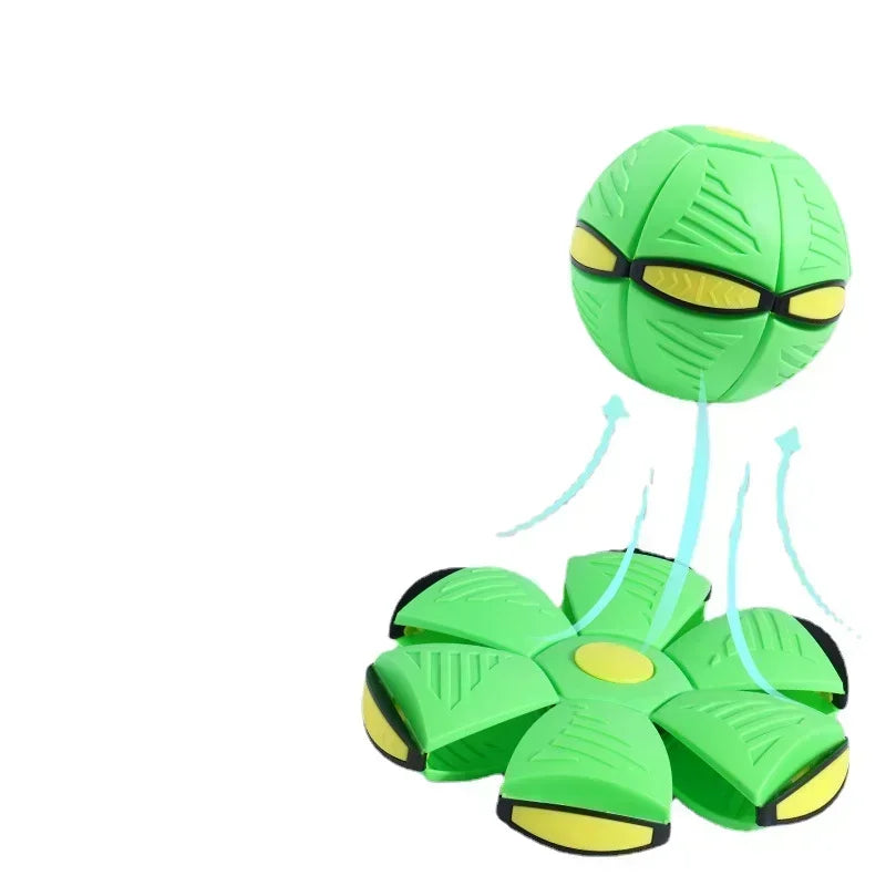 Green deformation UFO disc ball toy showing stretched support strings