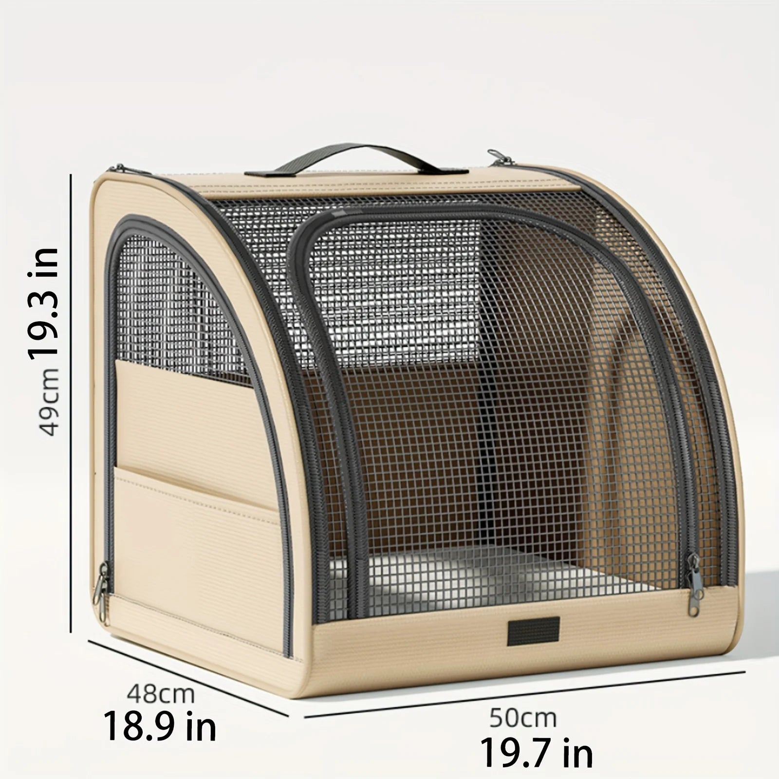 Portable pet car bed with mesh panels and carry handle, beige frame and padded base