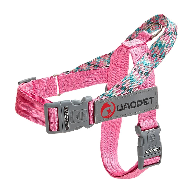 No-Pull flat rope nylon dog harness, pink with colorful reflective top rope and gray buckles