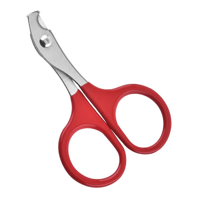 Red pet nail clippers with curved stainless blades and dual oval grip loops