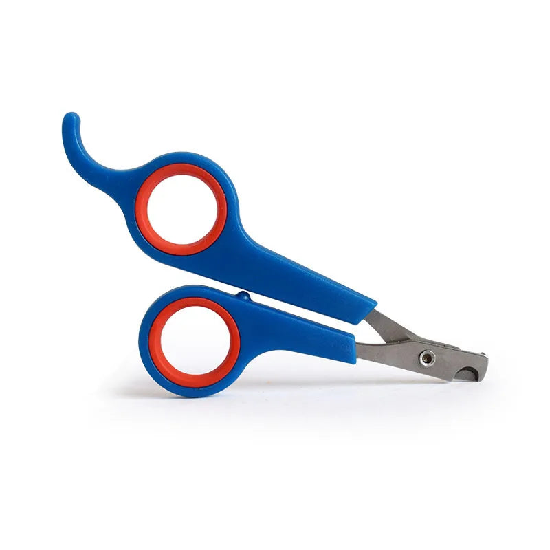 Blue pet nail clippers with red loop grips and stainless cutting blades