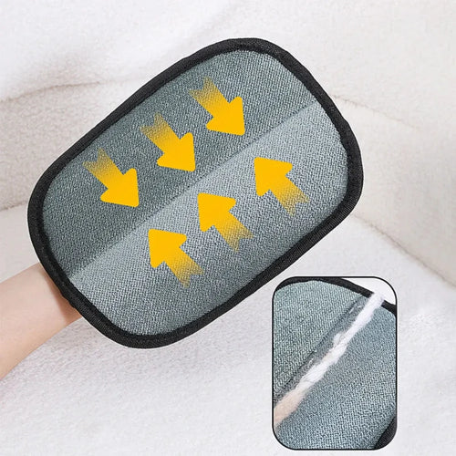 Double-sided grooming hair remover glove, gray textured pad with yellow arrows