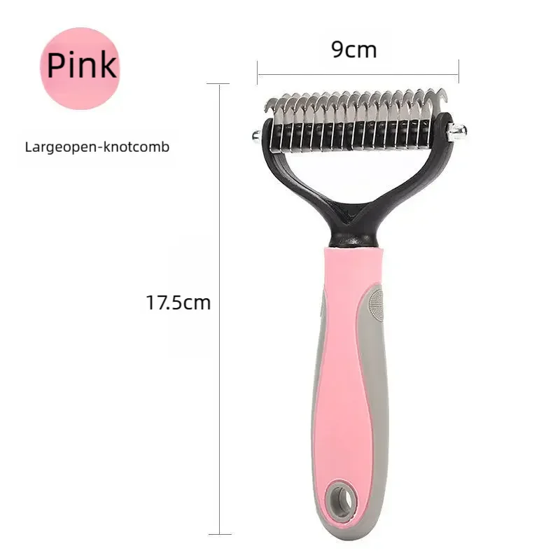 Large pet detangling comb, pink handle, open-knot teeth, 9 cm head
