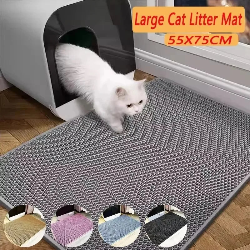Waterproof cat litter mat with textured honeycomb surface, shown under a pet litter setup