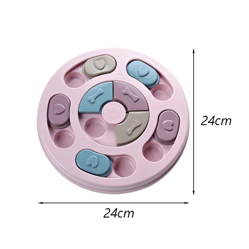 Pink and blue round cat scratching toy with pastel paw and bone tokens in slots