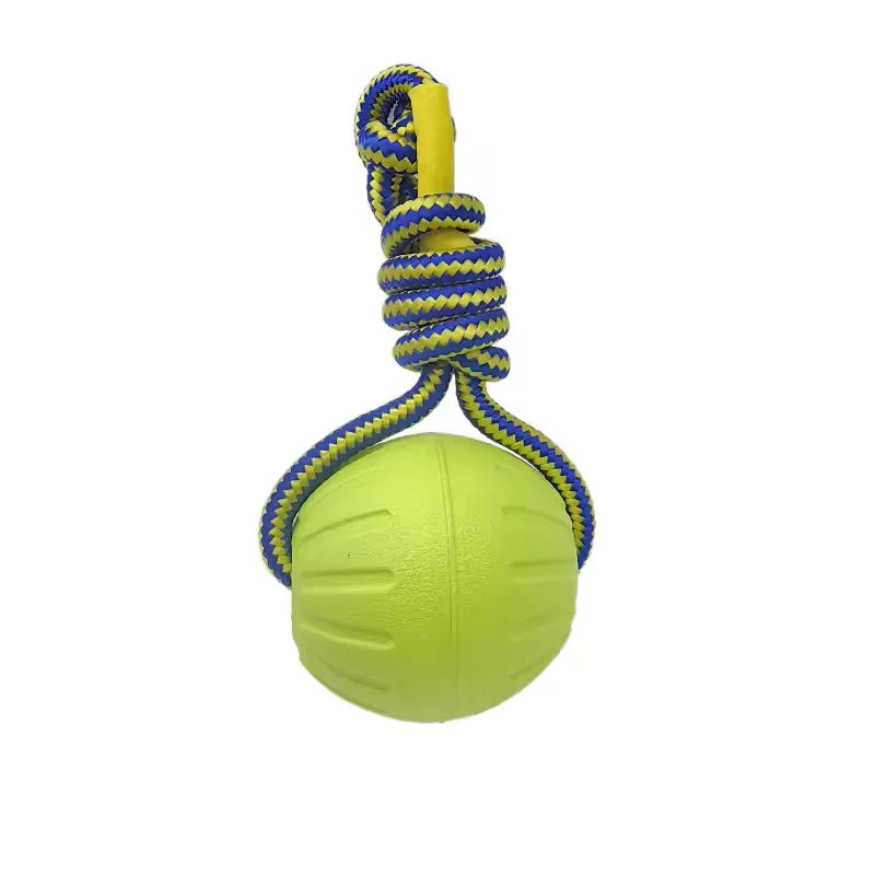 Dog chew ball rope toy with green EVA floating ball and blue-yellow braided rope