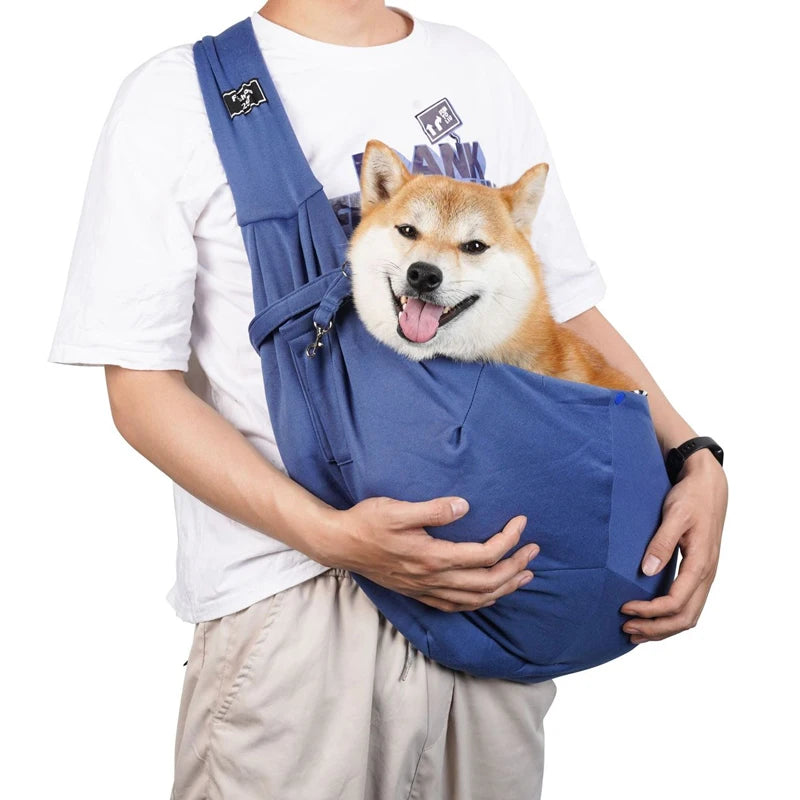 Royal blue pet travel shoulder sling bag with front pocket and strap