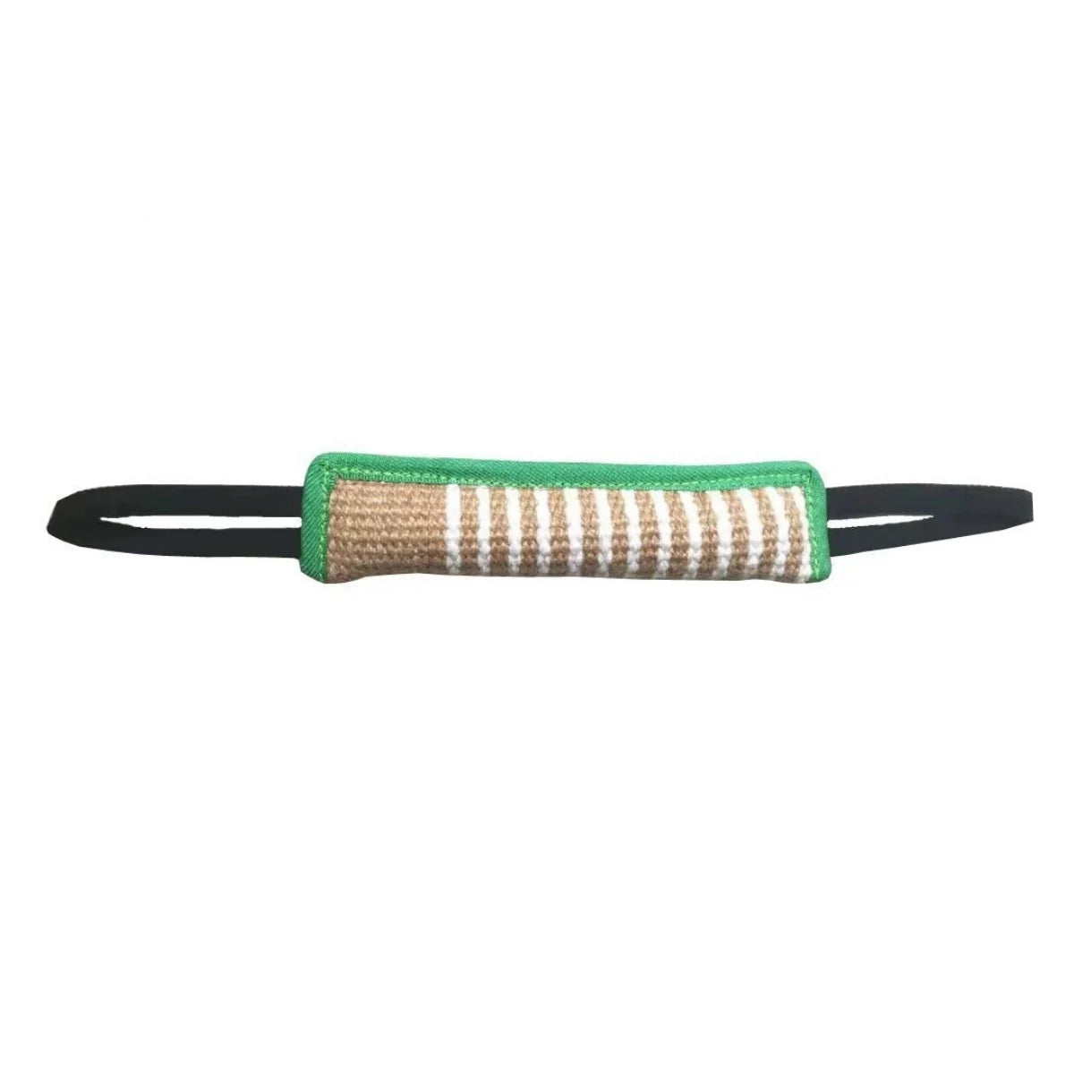 Dog tug bite training toy with striped fabric center and green edging, black carry straps