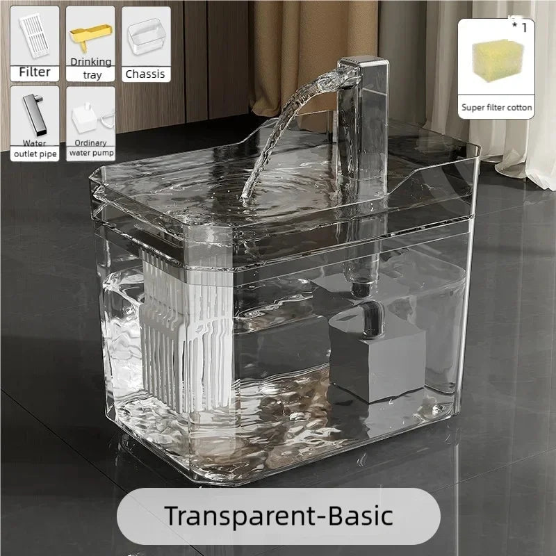 Cat water fountain with transparent reservoir, showing water stream and stainless spout