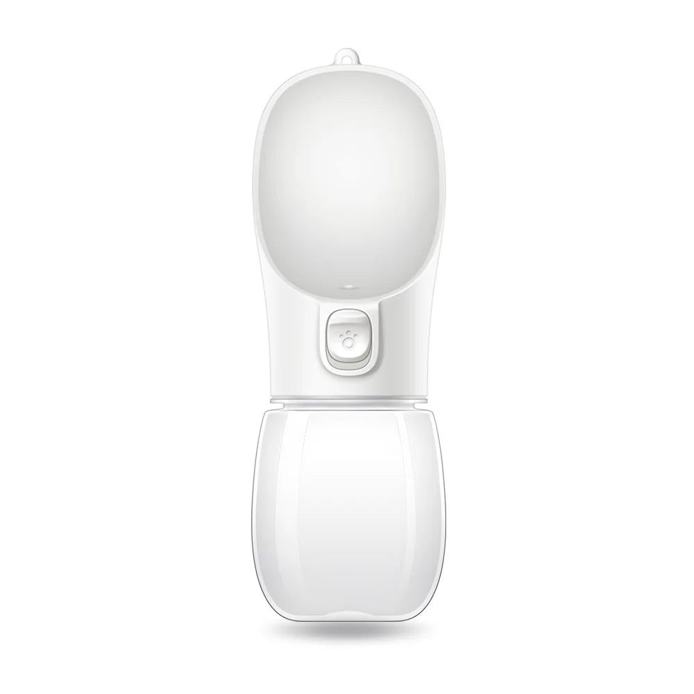 White portable leakproof dog water bottle with open lid and one-touch button
