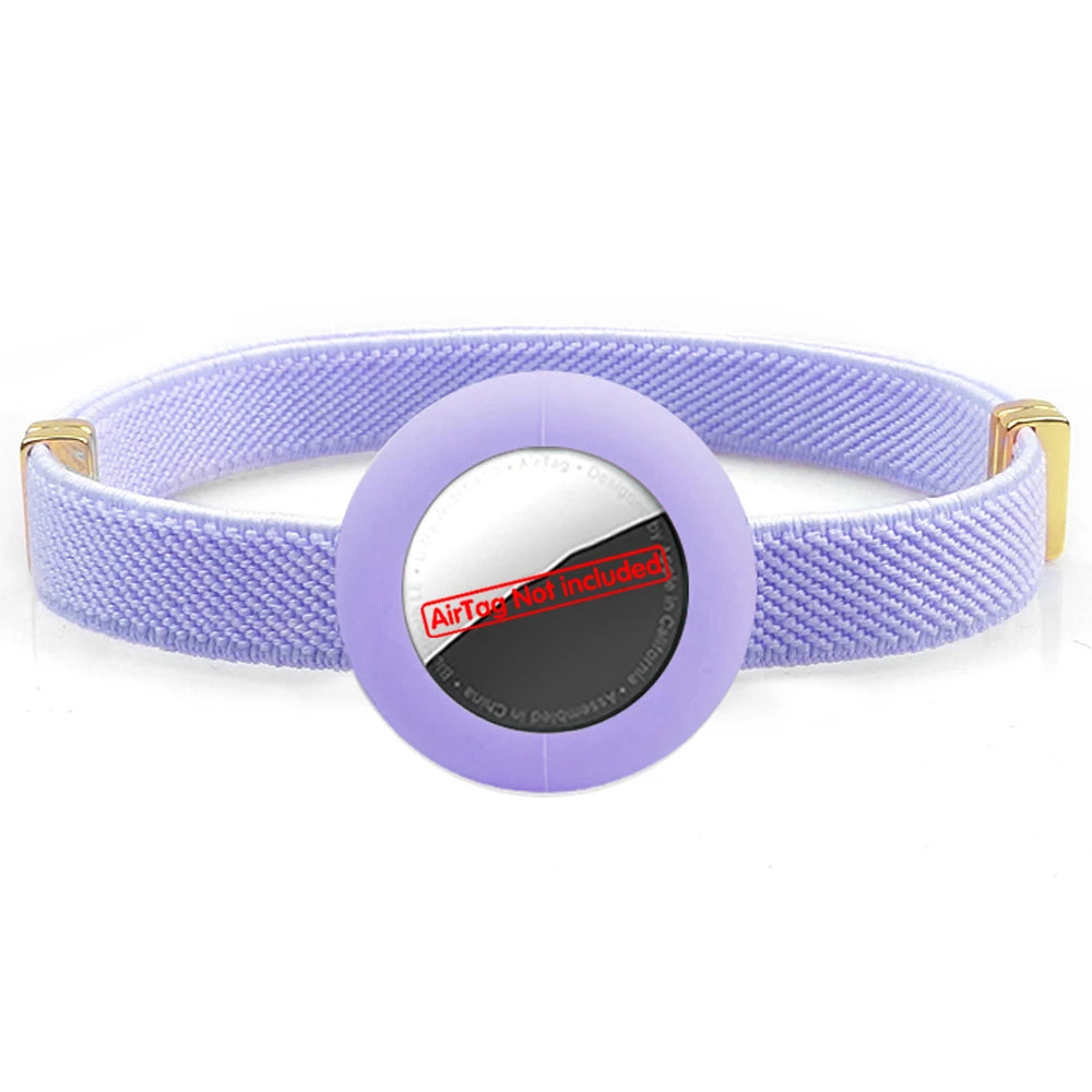 Lavender safety breakaway cat collar with round purple AirTag holder